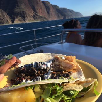 Holoholo Charters - Dinner: Fish tacos with a side salad and pineapple - Boating Near Me - Eleele, Hawaii Holoholo Charters - Dinner: Fish tacos with a side salad and pineapple - Boating Near Me - Eleele, Hawaii