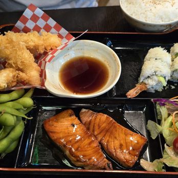 Sushi King & Grill - Salmon Bento w/ shrimp Tempura and crunchy roll. Tempura was best. - Sushi Bars Near Me - Eastvale, California