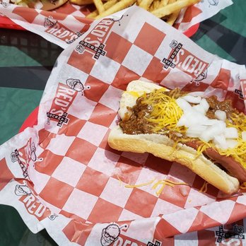 Red's Giant Hamburg - Chili cheese dog with onions, junior cheeseburger and fries - Burgers Near Me - Springfield, Missouri