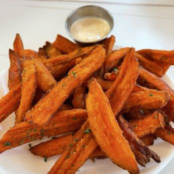 Bushfire Kitchen - Sweet Potato Fries (gf) (ve) with peri peri mayo dipping sauce - American Near Me - Brea, California