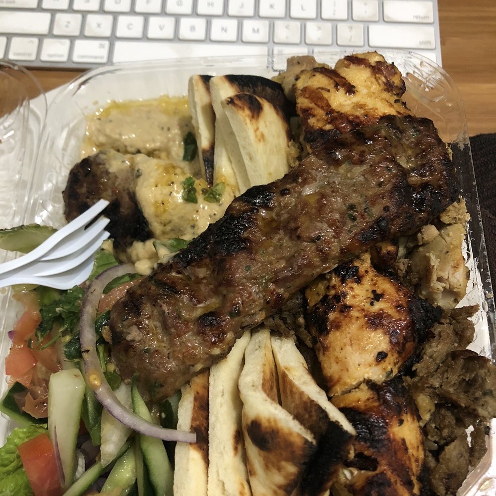 Kebab combo: 5 different meats, salad, hummus, pita