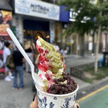 Mythos - Greek Froyo with raspberry sauce, dubai pistachio sauce, crunch chocolate pieces - Ice Cream & Frozen Yogurt Near Me - New York, New York Mythos - Greek Froyo with raspberry sauce, dubai pistachio sauce, crunch chocolate pieces - Ice Cream & Frozen Yogurt Near Me - New York, New York