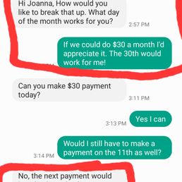 A text exchange between the reviewer and Big Tree Medical showing the agreement to pay $30 a month A text exchange between the reviewer and Big Tree Medical showing the agreement to pay $30 a month