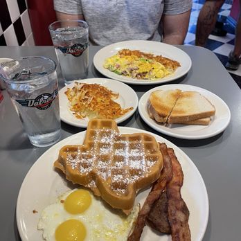 Dalrock Diner - Waffle Platter, Denver Omelet, Hashbrowns, Sourdough Bread - American Near Me - Rowlett, Texas Dalrock Diner - Waffle Platter, Denver Omelet, Hashbrowns, Sourdough Bread - American Near Me - Rowlett, Texas