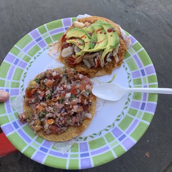 La Guerrerense - Tostadas... Pulpo ceviche and Urchin ceviche topped with fresh clams and avocado - Food Stands Near Me - Ensenada, BCN