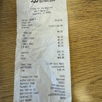 Franks For the Memories - Receipt - Chicken Wings Near Me - Mundelein, Illinois Franks For the Memories - Receipt - Chicken Wings Near Me - Mundelein, Illinois