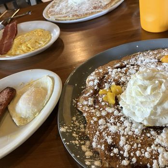 Old West Cafe - Peach cobbler pancake, smoked sausage and over easy egg - Breakfast & Brunch Near Me - Grapevine, Texas