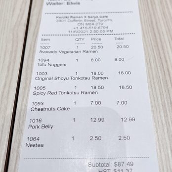 Konjiki Ramen - the price of the meal - Ramen Near Me - Toronto, Ontario
