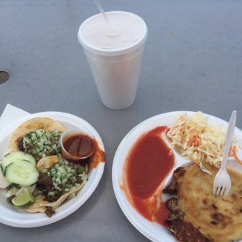 Tacos Acapulco - Top Clockwise, Horchatta; Beef & Cheese Pupusas; Carnitas & Carne Asada Tacos. Absolutely Delicious! - Mexican Near Me - Denver, Colorado