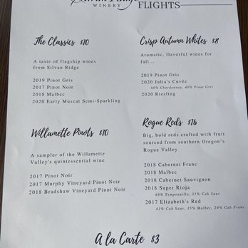 Hinman Vineyards - Wine flight menu - Wine Tasting Room Near Me - Eugene, Oregon