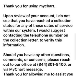 Email from hospital rep saying I didn't have anything in collections.