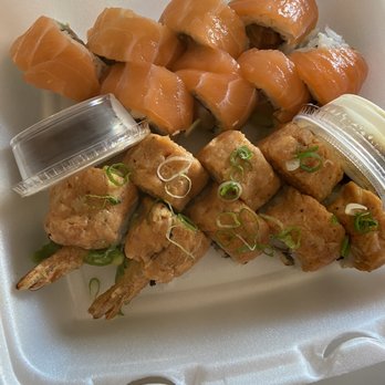 J Sushi Brea - Salmon Lover Roll on top and New Sensation Roll on the bottom - Japanese Near Me - Brea, California J Sushi Brea - Salmon Lover Roll on top and New Sensation Roll on the bottom - Japanese Near Me - Brea, California