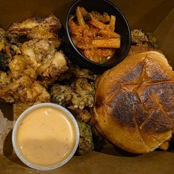 Kimchi, chicken sammie, and veggies.