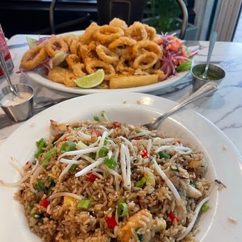 Mar Y Tierra - Chicken Fried rice and calamari rings. The names on the menu may differ I ate there months ago. - Seafood Near Me - Miami, Florida Mar Y Tierra - Chicken Fried rice and calamari rings. The names on the menu may differ I ate there months ago. - Seafood Near Me - Miami, Florida