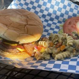 Burnt cheese burger and flavorless pasta salad