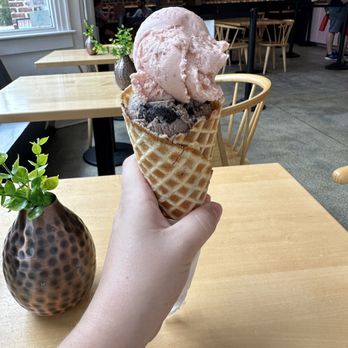 Off Track Ice Cream - Strawberry and Cookies and Cream Ice Cream in a Waffle Cone - Ice Cream & Frozen Yogurt Near Me - Charleston, South Carolina Off Track Ice Cream - Strawberry and Cookies and Cream Ice Cream in a Waffle Cone - Ice Cream & Frozen Yogurt Near Me - Charleston, South Carolina
