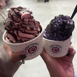 Vegan Strawberry Real Fruit Soft Serve with chocolate dip and Ube Soft Serve with Oreo crumbs Vegan Strawberry Real Fruit Soft Serve with chocolate dip and Ube Soft Serve with Oreo crumbs