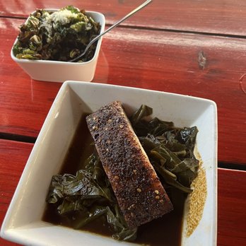 Salty Sow - Brussels sprouts and pork belly with collard greens. - American Near Me - Austin, Texas Salty Sow - Brussels sprouts and pork belly with collard greens. - American Near Me - Austin, Texas
