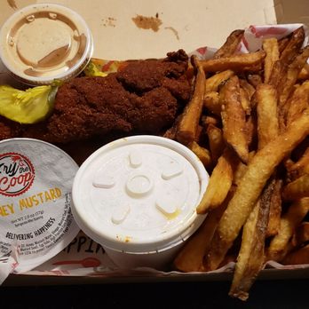 Fry The Coop - 3 tenders combo with fries ($12.50), comes with pickles and two sauces. Their "hot" is extremely spicy! - Fast Food Near Me - Bolingbrook, Illinois Fry The Coop - 3 tenders combo with fries ($12.50), comes with pickles and two sauces. Their "hot" is extremely spicy! - Fast Food Near Me - Bolingbrook, Illinois