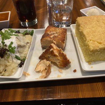 Milt's Barbecue for the Perplexed - 8oz salmon with loaded smash potatoes and corn bread - Barbeque Near Me - Chicago, Illinois Milt's Barbecue for the Perplexed - 8oz salmon with loaded smash potatoes and corn bread - Barbeque Near Me - Chicago, Illinois