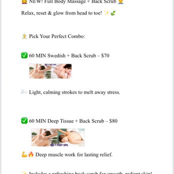 Abc Foot Spa - 60 MIN Swedish + Back Scrub - $70
60 MIN Deep Tissue + Back Scrub - $80 - Massage Therapy Near Me - North Wales, Pennsylvania