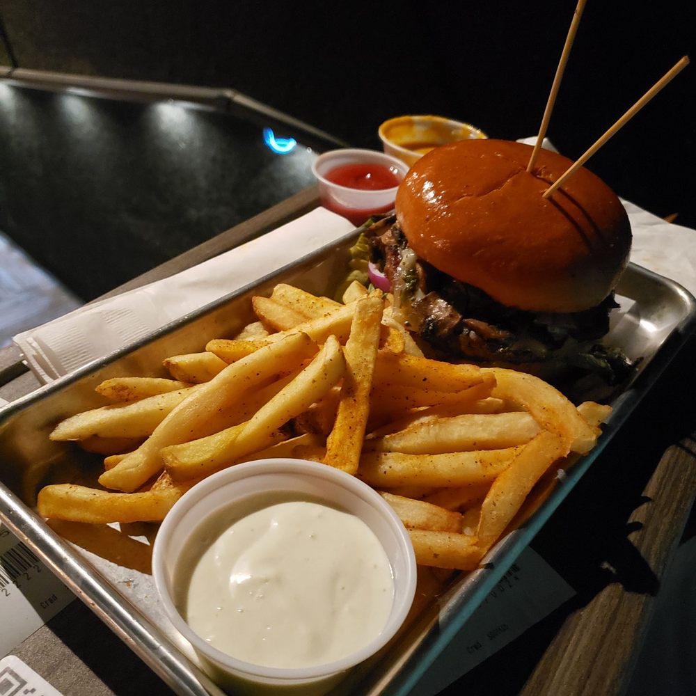 Studio Movie Grill - Impossible Burger with Swiss and Mushroom and fries. - Cinema Near Me - Plano, Texas