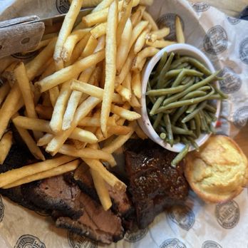 Del's Hideout - 2 meat combo; brisket, baby back ribs, fries, green beans and cornbread. - Barbeque Near Me - San Diego, California Del's Hideout - 2 meat combo; brisket, baby back ribs, fries, green beans and cornbread. - Barbeque Near Me - San Diego, California
