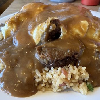 Pancakes & Waffles BLD Waimalu - Kalbi Loco Moco Over Easy w/ Fried Rice - Breakfast & Brunch Near Me - Aiea, Hawaii