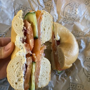 Blazing Bagels - Sourdough bagel with lox, onion, cucumber, and cream cheese - Bagels Near Me - Bellevue, Washington Blazing Bagels - Sourdough bagel with lox, onion, cucumber, and cream cheese - Bagels Near Me - Bellevue, Washington