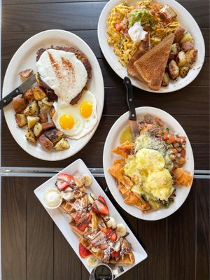 Photo of Millie's Cafe - Pasadena - Pasadena, CA, US. Country fried steak, Devil's mess, Chilaquiles Benedict and strawberry banana. @bunbaosibs