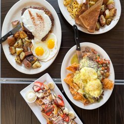 Millie's Cafe - Pasadena - Country fried steak, Devil's mess, Chilaquiles Benedict and strawberry banana. @bunbaosibs