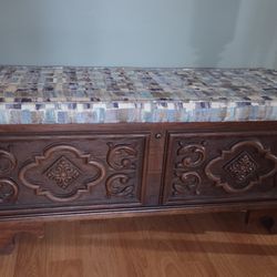 Regal Design Studio - Heirloom cedar chest with modern fabric and new foam cushion. The exterior was repaired and cleaned.