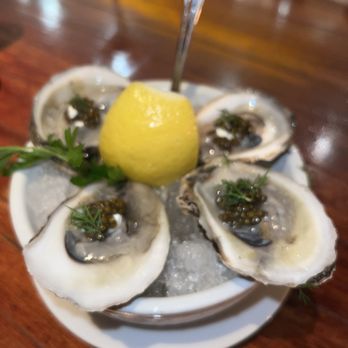 Lure Fishbar - 4 Blue Point Signature Oysters (~$26): with caviar and vodka - Seafood Near Me - New York, New York Lure Fishbar - 4 Blue Point Signature Oysters (~$26): with caviar and vodka - Seafood Near Me - New York, New York