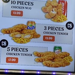 Al Baraka Grill - 3 chicken tenders + fries + can of pop = 14$ (OR)5 chicken tenders + fries + can of pop = 18$. its clean, but come on way too pricey.