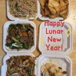 Honey walnut shrimp, beef chow fun, broccoli beef, fried wonton, pork chow mein