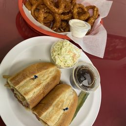 Pastrami dip and onion rings. Pastrami dip and onion rings.
