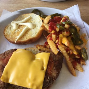 Burger Tex - Buffalo chicken sandwich and my messy fries - Burgers Near Me - Houston, Texas