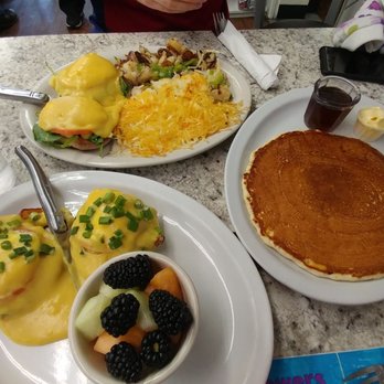 The Stilly Diner - Eggs Benedict California & Florentine, half hash browns and half home fried potatoes side, Fruit Cup side, 1 pancake. - American Near Me - Arlington, Washington The Stilly Diner - Eggs Benedict California & Florentine, half hash browns and half home fried potatoes side, Fruit Cup side, 1 pancake. - American Near Me - Arlington, Washington