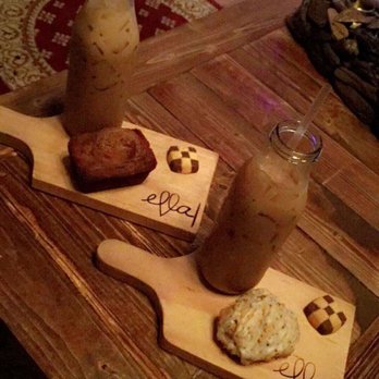 Ella Cafe - banana nut bread(left) Rosemary Caramel iced coffee with Macadamia Nut milk & Rosemary vanilla scone(right). - Coffee & Tea Near Me - Plantation, Florida