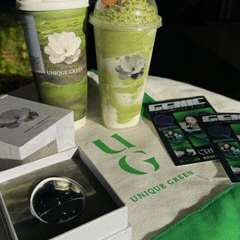 UG Tea - [L to R] Camellia Oolong Milk Tea & Matcha Cookie Smoothie, Lip Balm, Tote Bag - Bubble Tea Near Me - San Gabriel, California