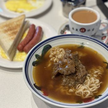 Chrisly Cafe - Satay noodles set with milk tea and sausage and egg and toast - Hong Kong Style Cafe Near Me - Markham, Ontario