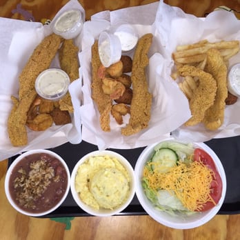 Doe Belly's Catfish Cafe - Kids meal Catfish & fries. 2 orders catfish w/shrimp, red beans/dirty rice, potato salad and side salad. - Southern Near Me - Forney, Texas