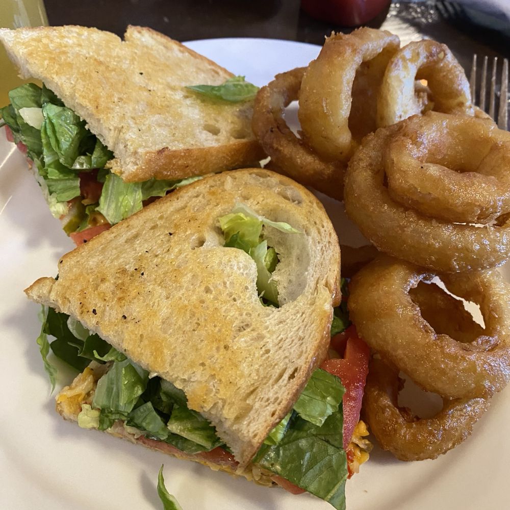 Pimento Grilled Cheese Sandwich & Onion Rings