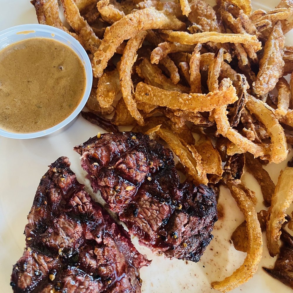 T-Bones Pier Eleven - Single Filet Medallion (I split it in half) & fried onions - Steakhouses Near Me - La Porte, Indiana T-Bones Pier Eleven - Single Filet Medallion (I split it in half) & fried onions - Steakhouses Near Me - La Porte, Indiana