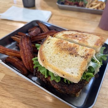 Franks' Place - Blackened Crusader Chicken Sando with sweet potato fries - American Near Me - East Granby, Connecticut Franks' Place - Blackened Crusader Chicken Sando with sweet potato fries - American Near Me - East Granby, Connecticut