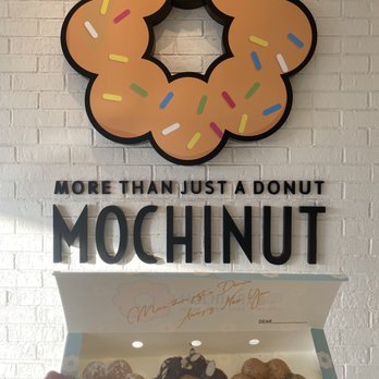 Mochinut - Tempe - Cute signage with my 3 Mochi Donuts: original, almond chocolate, Korean churro - Hot Dogs Near Me - Tempe, Arizona