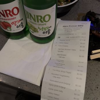 Hanu Korean BBQ - Receipt + cheap "apology" soju. - Korean Near Me - Chula Vista, California