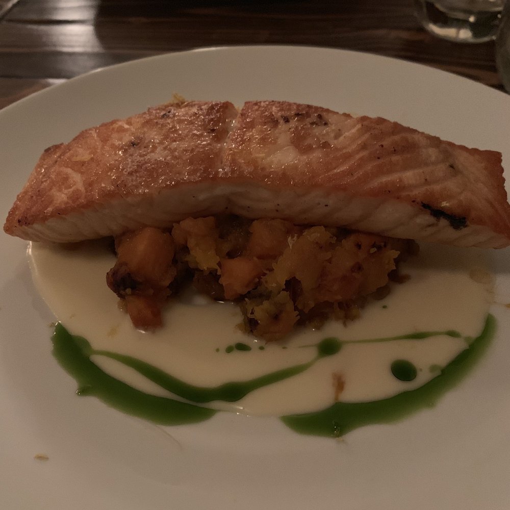 Author's Kitchen + Bar - Salmon special with sweet potato and butternut squash hash and lemon sauce. - Bars Near Me - Appleton, Wisconsin