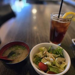 Miso Soup, salad and Ice tea