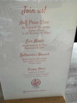 Menu photo 5 Coral Del Mar Del Mar, CA